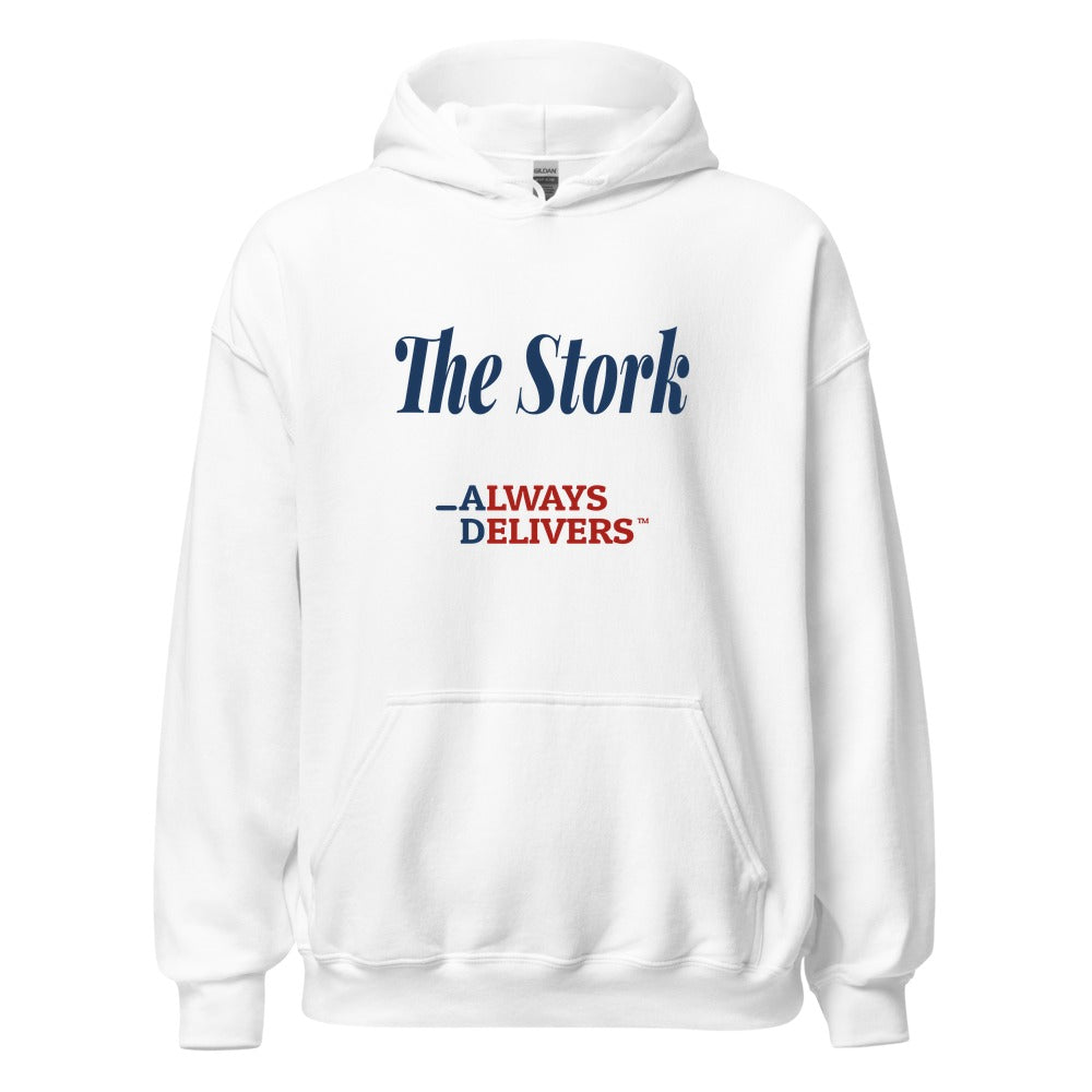 The Stork Classic on white hoodie