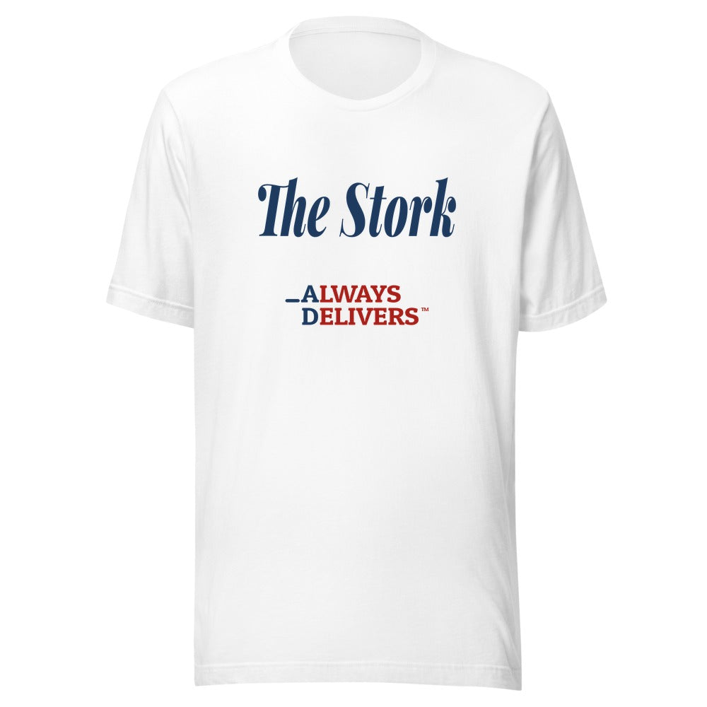 The Stork Classic on white tee