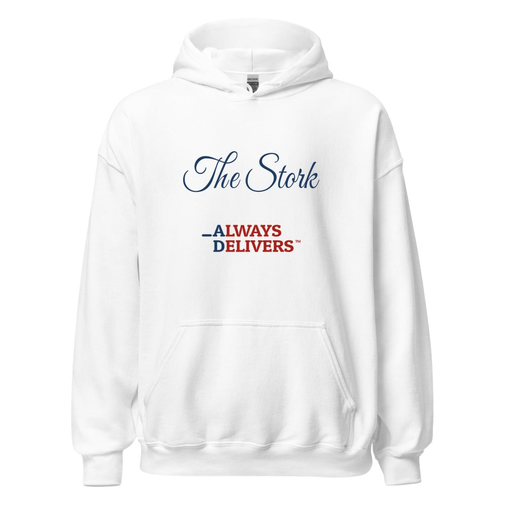 The Stork Elegant on white hoodie