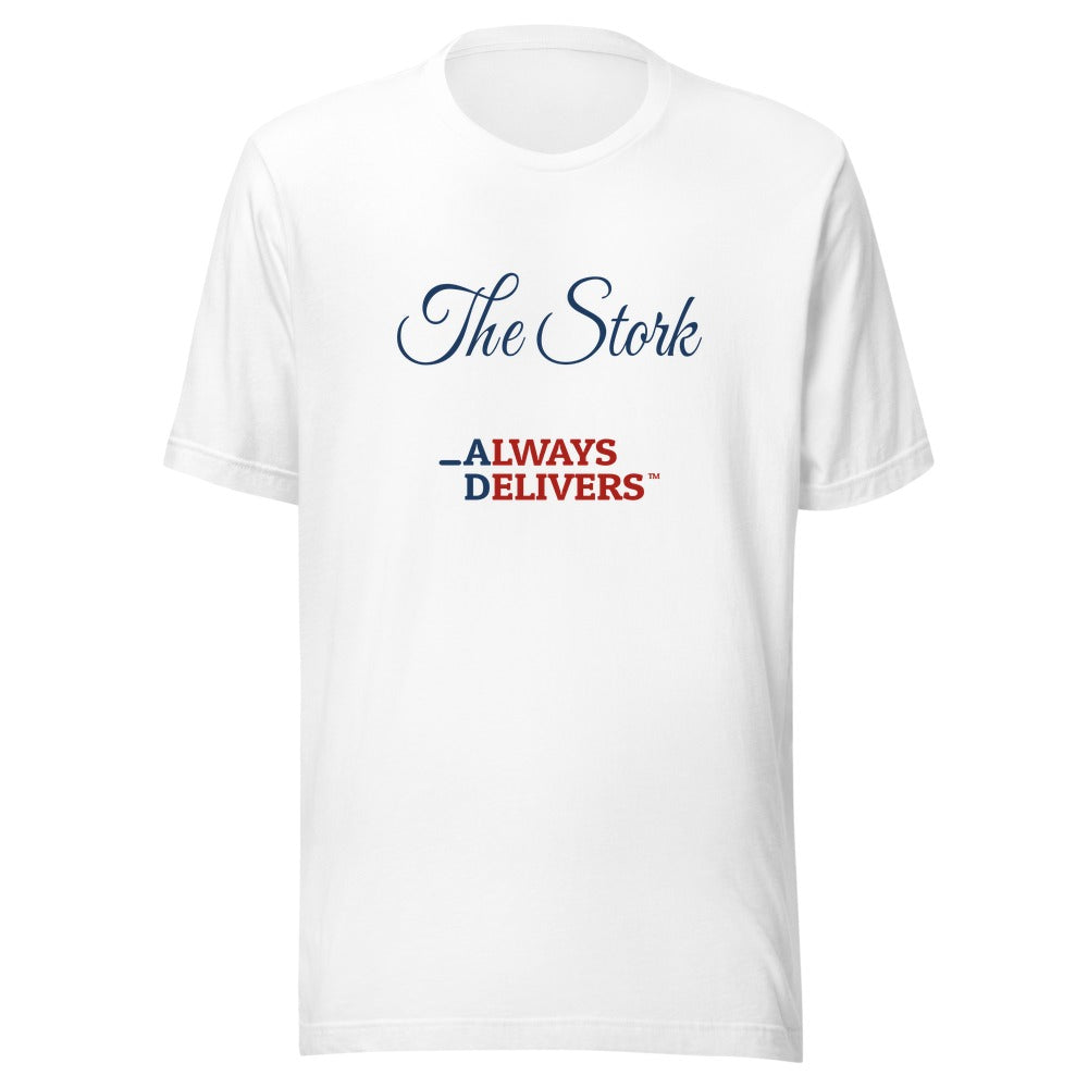 The Stork Elegant on white tee